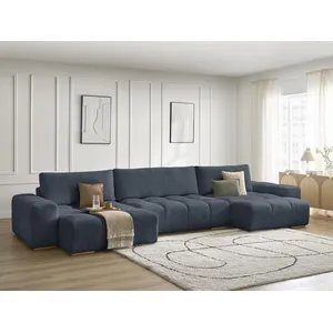BOBOCHIC Canapé panoramique convertible coffre ANAKIN tissu texturé bleu foncé ... pas cher