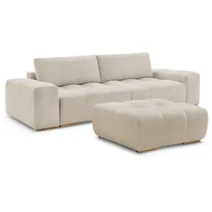Comparateur de prix : Canapé droit convertible coffre ANAKIN tissu bouclette avec pouf beige...