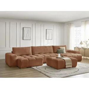 BOBOCHIC Canapé panoramique fixe ANAKIN tissu texturé avec pouf orange BOBOCH... pas cher
