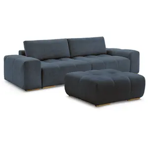 BOBOCHIC Canapé droit fixe 3 places ANAKIN tissu bouclette avec pouf bleu foncé... pas cher