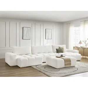 BOBOCHIC Canapé panoramique fixe ANAKIN tissu texturé avec pouf blanc BOBOCHI... pas cher