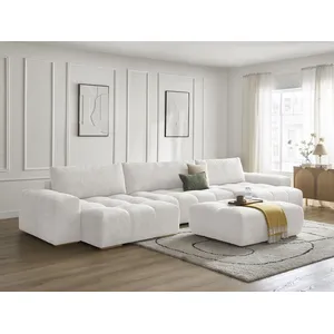 Comparateur de prix : Canapé panoramique convertible coffre ANAKIN tissu bouclette avec pouf...