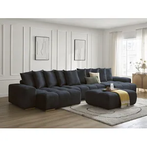 BOBOCHIC Canapé panoramique fixe ANAKIN tissu bouclette avec pouf bleu foncé ... pas cher