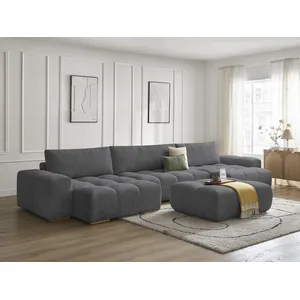 BOBOCHIC Canapé panoramique fixe ANAKIN tissu bouclette avec pouf gris foncé ... pas cher