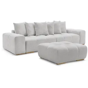 BOBOCHIC Canapé droit fixe 3 places ANAKIN tissu bouclette avec pouf gris clair... pas cher
