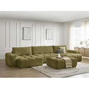 Canapé panoramique fixe ANAKIN tissu texturé avec pouf vert BOBOCHIC... pas cher
