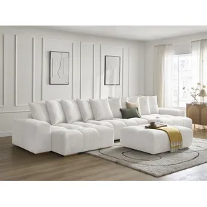 BOBOCHIC Canapé panoramique fixe ANAKIN tissu bouclette avec pouf blanc BOBOC... pas cher