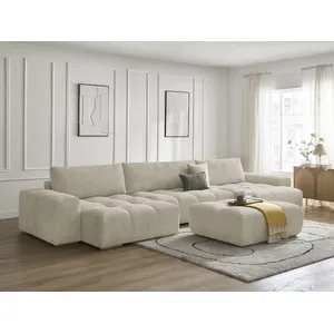 Comparateur de prix : Canapé panoramique convertible coffre ANAKIN tissu bouclette avec pouf...
