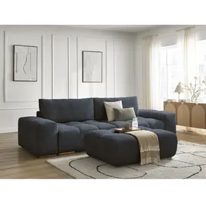 BOBOCHIC Canapé droit convertible coffre ANAKIN tissu bouclette avec pouf bleu ... pas cher