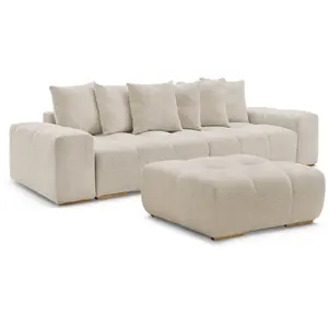 BOBOCHIC Canapé droit fixe 3 places ANAKIN tissu bouclette avec pouf beige BO... pas cher