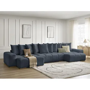 BOBOCHIC Canapé panoramique convertible coffre ANAKIN tissu texturé bleu foncé ... pas cher