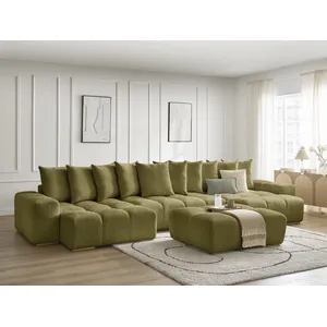 Canapé panoramique fixe ANAKIN tissu texturé avec pouf vert BOBOCHIC... pas cher