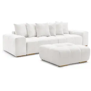 BOBOCHIC Canapé droit fixe 3 places ANAKIN tissu bouclette avec pouf blanc BO... pas cher