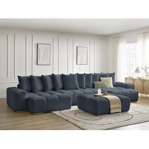 BOBOCHIC Canapé panoramique fixe ANAKIN tissu texturé avec pouf bleu foncé BO... pas cher