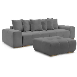 BOBOCHIC Canapé droit fixe 3 places ANAKIN tissu bouclette avec pouf gris foncé... pas cher