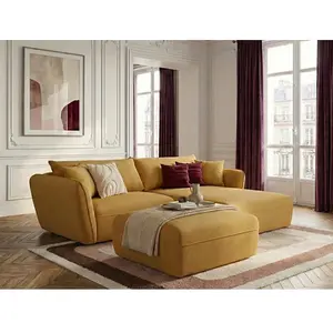 Canapé d'angle fixe LUIGI tissu texturé avec pouf jaune angle droit BOBOCHIC places pas cher