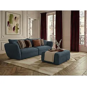 Canapé droit fixe 3 places LUIGI tissu texturé avec pouf bleu BOBOCHIC pas cher