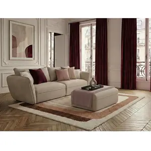 Canapé droit fixe 3 places LUIGI tissu texturé avec pouf beige BOBOCHIC pas cher