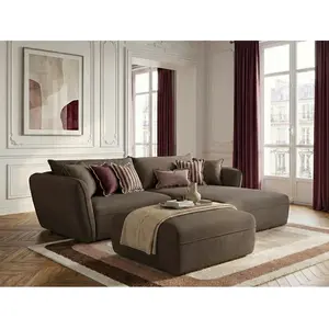 Canapé d'angle fixe LUIGI tissu texturé avec pouf taupe angle droit BOBOCHIC places pas cher