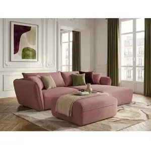 Canapé d'angle fixe LUIGI tissu texturé avec pouf rose angle droit BOBOCHIC places pas cher