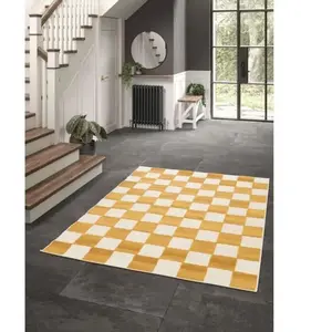 Tapis poils ras GAELLE motif damier jaune 200x290  BOBOCHIC pas cher