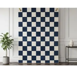 Tapis poils ras GAELLE motif damier bleu 120x170  BOBOCHIC pas cher