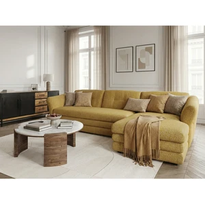 Canapé d'angle fixe MARBLE tissu chiné jaune angle droit BOBOCHIC 4 places pas cher
