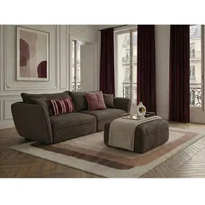 Canapé droit fixe 3 places LUIGI tissu texturé avec pouf taupe BOBOCHIC pas cher
