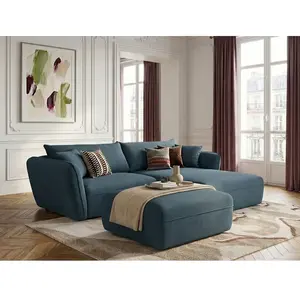 Canapé d'angle fixe LUIGI tissu texturé avec pouf bleu angle droit BOBOCHIC places pas cher