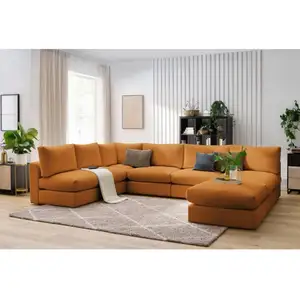 Canapé d'angle fixe 100% modulable PARIS tissu bouclette 3 chauffeuses, 1 méridienne, 1 angle, 1 pouf Jaune   BOBOCHIC TU