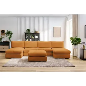 Canapé panoramique fixe 100% modulable PARIS tissu bouclette avec 2 chauffeuses, 2 méridiennes, 1 pouf Jaune  Panoramique BOBOCHIC TU