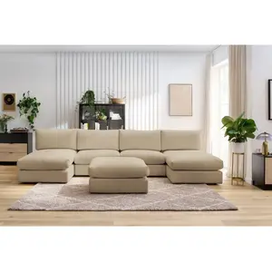 Canapé panoramique fixe 100% modulable PARIS tissu bouclette avec 2 chauffeuses, 2 méridiennes, 1 pouf Marron  Panoramique BOBOCHIC TU