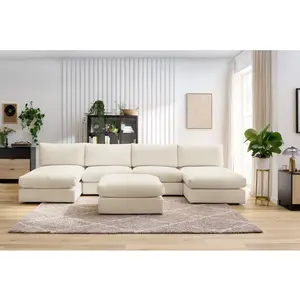 Comparateur de prix : Canapé panoramique fixe 100% modulable PARIS tissu bouclette avec 2 chauffeuses, 2 méridiennes, 1 pouf Beige Panoramique BOBOCHIC TU