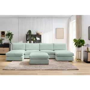Canapé panoramique fixe 100% modulable PARIS tissu bouclette avec 2 chauffeuses, 2 méridiennes, 1 pouf Vert  Panoramique BOBOCHIC TU