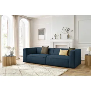 Canapé droit fixe 4 places MOLIERE velours côtelé bleu foncé BOBOCHIC pas cher