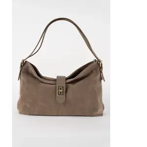 Abaco Paris - Sac porté épaule en Velours de Cuir Ella taupe - 25x29x9 cm OS pas cher