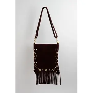 1987 by Abaco - Sac bandoulière en Velours de Cuir Kyro bordeaux - 24x21x4 cm OS pas cher