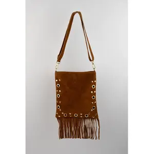 1987 by Abaco - Sac bandoulière en Velours de Cuir kyro camel - 24x21x4 cm OS pas cher