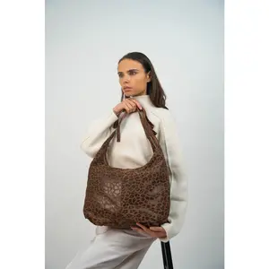 1987 by Abaco - Sac porte épaule en Velours de  Cuir kaelis motif leopard marron - 47x35x6 cm OS