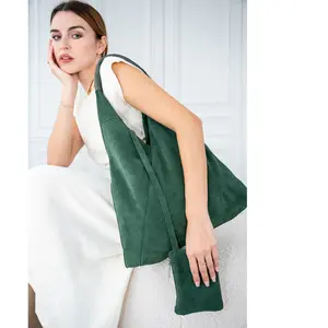 Abaco Studio - Sac à main en Velours de Cuir Deni Vert Militaire - 40x47 cm OS pas cher