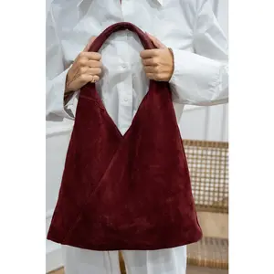 Abaco Studio - Sac Cabas en Velours de Cuir Deni Bordeaux - 40x47 cm OS pas cher