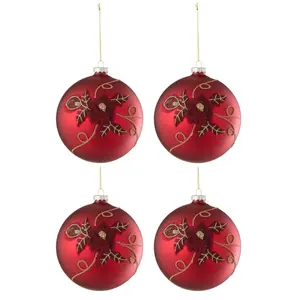 J-line Boite de 4 boules de Noël en verre rouge 12x12x12 cm