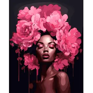 Figured'Art Peinture par Numéro Adulte avec Cadre Femme aux cheveux de pivoines - Activité Manuelle Kit de Loisir Créatif DIY Numéro d'Art Complet - 40x50cm toile tendue sur châssis