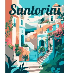 Figured'Art Peinture par Numéro Adulte avec Cadre Affiche de voyage Santorin en fleurs - Activité Manuelle Kit de Loisir Créatif DIY Numéro d'Art Complet - 40x50cm toile tendue sur châssis