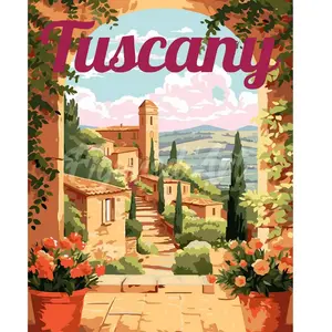 Figured'Art Peinture par Numéro Adulte avec Cadre Affiche de voyage Toscane en fleurs - Activité Manuelle Kit de Loisir Créatif DIY Numéro d'Art Complet - 40x50cm toile tendue sur châssis
