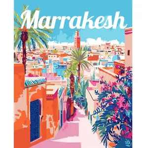Figured'Art Peinture par Numéro Adulte avec Cadre Affiche de voyage Marrakech - Activité Manuelle Kit de Loisir Créatif DIY Numéro d'Art Complet - 40x50cm toile tendue sur châssis pas cher