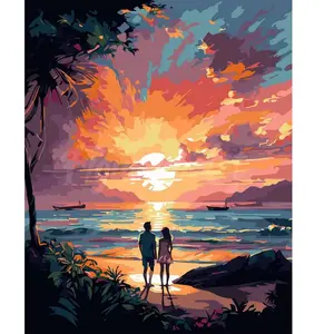 Figured'Art Peinture au numéro : Couple et coucher de soleil coloré  -... pas cher