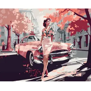 Figured'Art Peinture par Numéro Adulte Femme et voiture classique rose - Activité Manuelle Kit de Loisir Créatif DIY Numéro d'Art Complet - 40x50cm sans châssis en bois pas cher