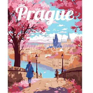 Figured'Art Peinture par Numéro Adulte Affiche de voyage Prague en fleurs - Activité Manuelle Kit de Loisir Créatif DIY Numéro d'Art Complet - 40x50cm sans châssis en bois pas cher