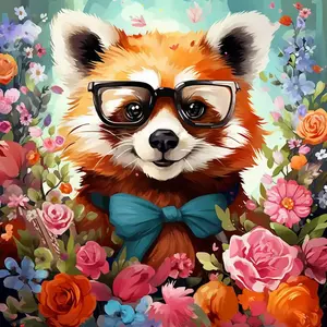 Figured'Art Mini Peinture par Numéro Adulte 20x20cm avec cadre Panda roux fantaisie et fleurs - Petit Format Kit de Loisir Créatif DIY Numéro d'Art Complet pas cher